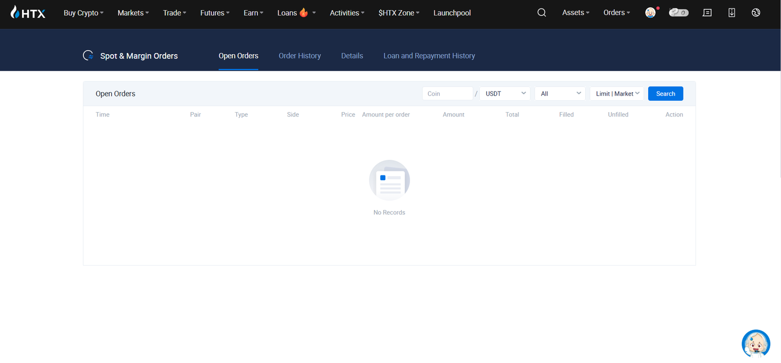 HTX spot and margin orders